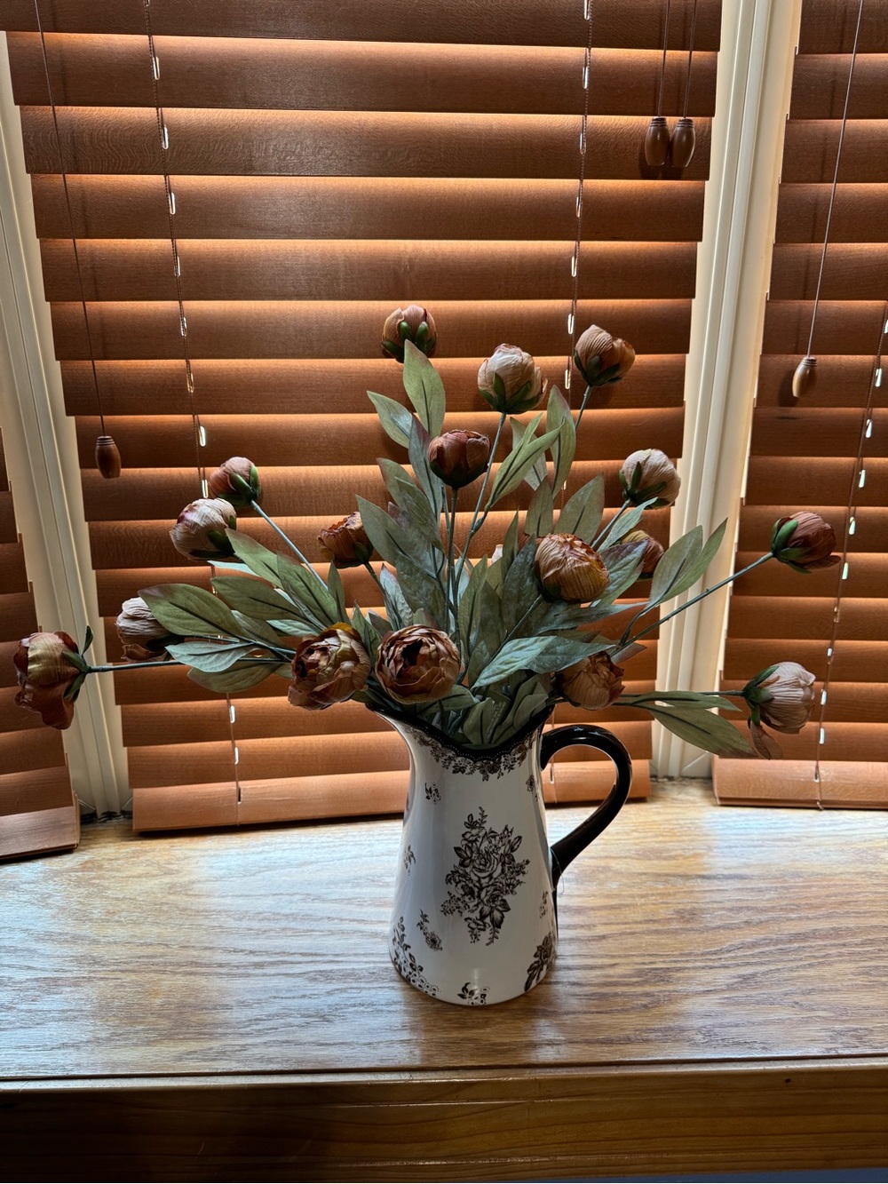 Ashland Brown Silk Peony Stems in Brown and White Floral Toile Pitcher